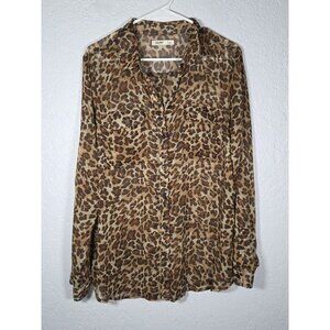 Old Navy Button Up Womens XL Black Leopard Print Sheer Roll Tab Sleeves